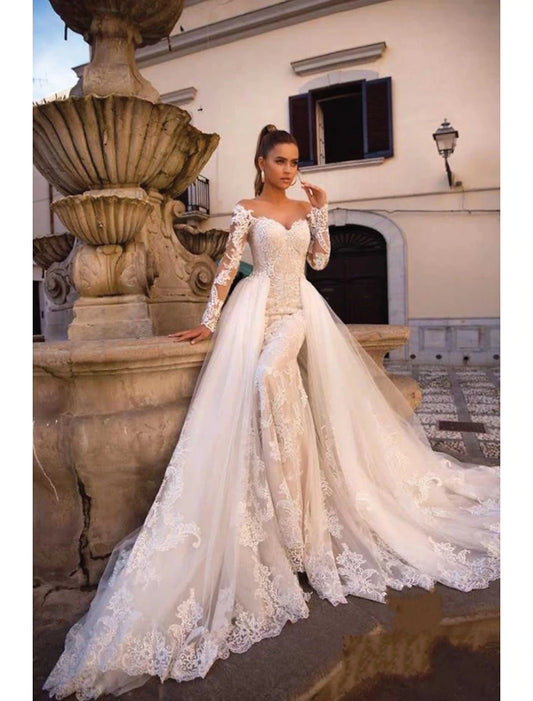 Engagement Formal Fall Wedding Dresses Two Piece Sweetheart Long Sleeve Court Train Lace Outdoor Bridal Gowns With Appliques Summer Wedding Party