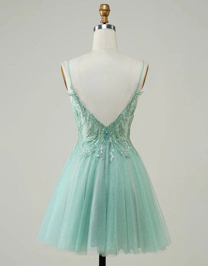 Sparkly A Line Green Cute Homecoming Dress with Beaded