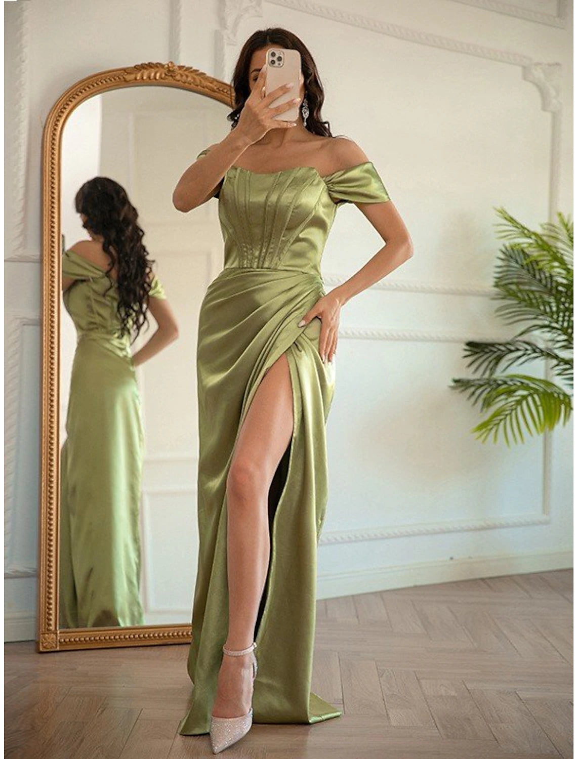Mermaid / Trumpet Prom Dresses Corsets Dress Prom Formal Evening Floor Length Short Sleeve Off Shoulder Charmeuse with Slit