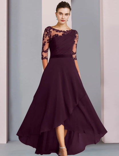 A-Line Mother of the Bride Dress Wedding Guest Elegant High Low Scoop Neck Asymmetrical Tea Length Chiffon Lace Half Sleeve with Appliques Side-Draped