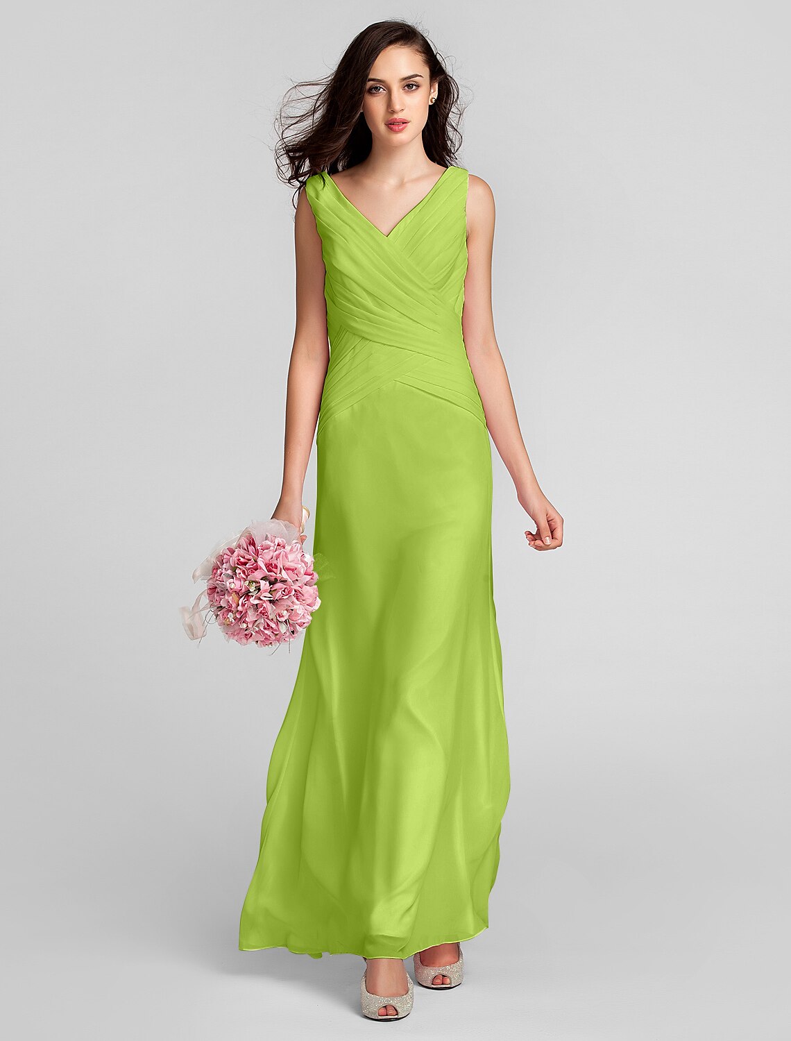 Sheath / Column Bridesmaid Dress V Neck Sleeveless Floor Length Chiffon with Criss Cross