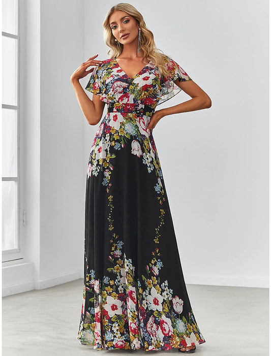 A-Line Evening Gown Floral Dress Birthday Floor Length Short Sleeve V Neck Chiffon with Pattern / Print