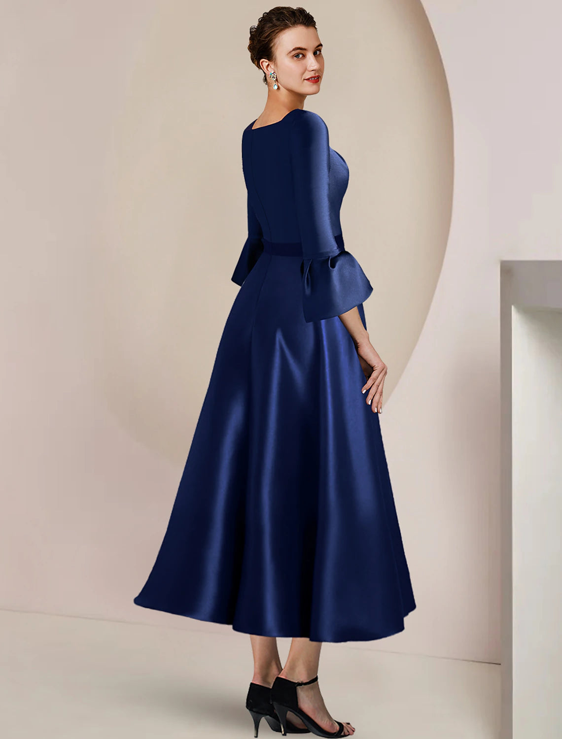 A-Line Mother of the Bride Dress Formal Wedding Guest Party Elegant Bateau Neck Tea Length Satin 3/4 Length Sleeve with Bow(s) Split Front