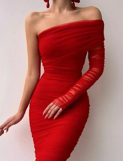 Women‘s Black Dress Cocktail Dress Party Dress Wedding Guest Dress Bodycon Midi Dress Red Long Sleeve Ruched Spring Fall Winter One Shoulder Party Birthday Evening Party Wedding Guest Slim