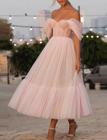 A-Line Prom Dresses Princess Dress Wedding Guest Homecoming Ankle Length Short Sleeve Strapless Pink Dress Tulle with Ruched