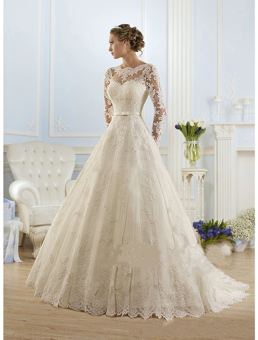 Engagement Formal Fall Wedding Dresses Ball Gown Illusion Neck Long Sleeve Court Train Lace Church Bridal Gowns With Appliques Summer Wedding Party