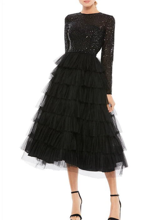 A-Line Cocktail Dresses Elegant Dress Wedding Guest Party Wear Tea Length Long Sleeve Jewel Neck Fall Wedding Guest Tulle with Sequin Tiered