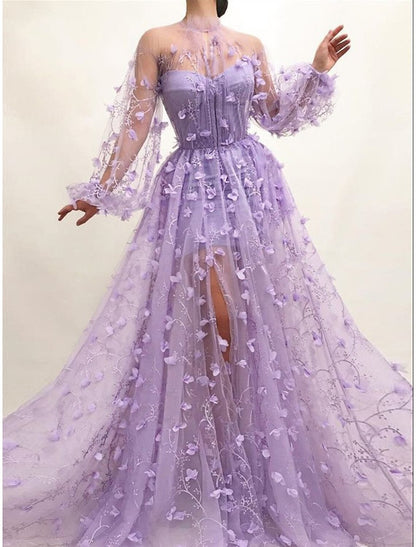 A-Line Prom Dresses Floral Dress Wedding Guest Prom Floor Length Long Sleeve V Neck Tulle with Appliques