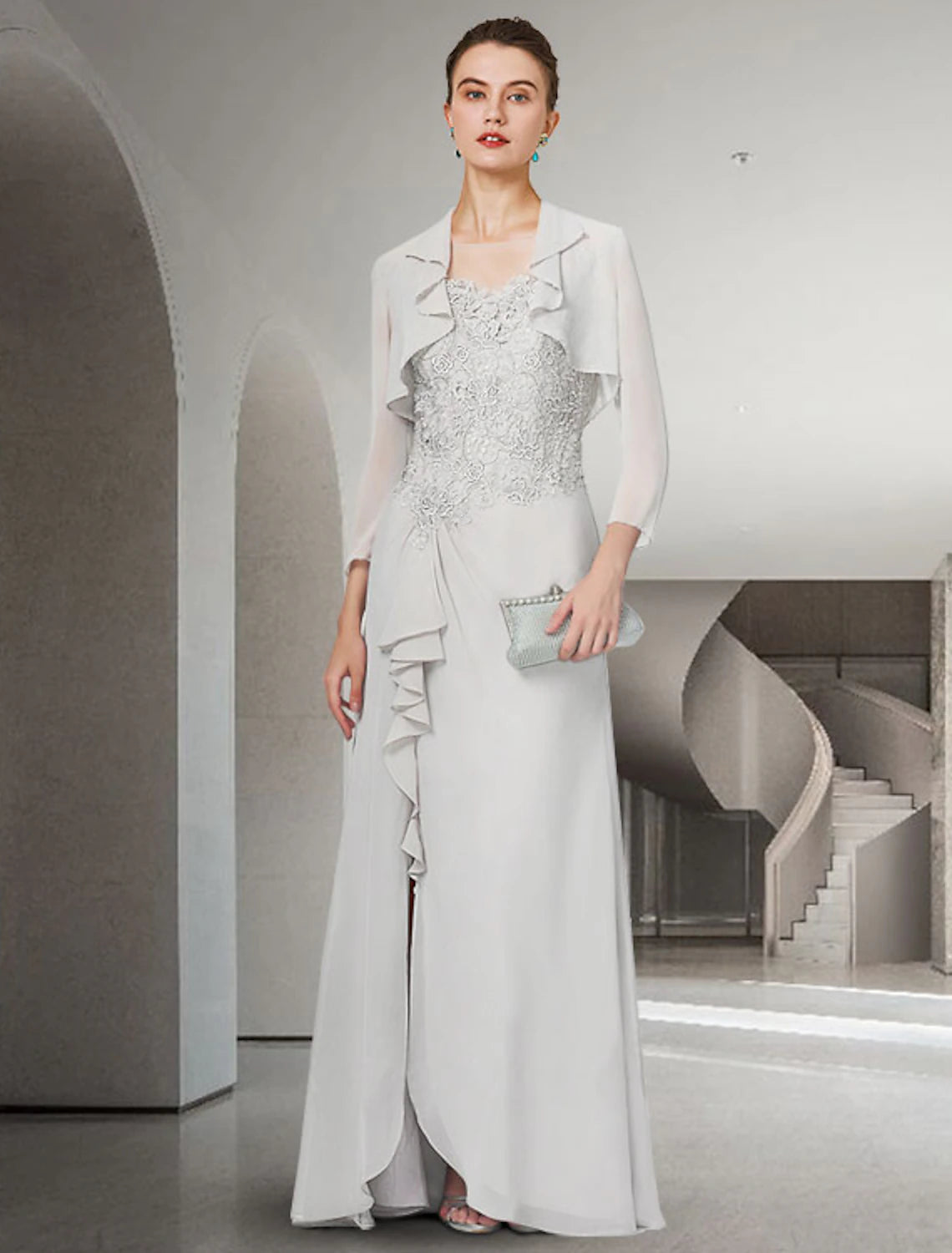Two Piece Sheath / Column Mother of the Bride Dress Elegant Jewel Neck Floor Length Chiffon Lace 3/4 Length Sleeve Wrap Included with Ruffles Appliques