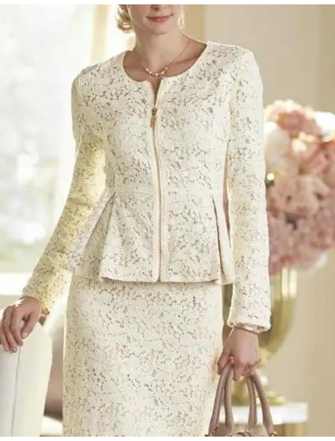 Two Piece Sheath / Column Mother of the Bride Dress Wedding Guest Party Elegant Winter With Jacket Long Sleeve Scoop Neck Knee Length Lace Solid Color