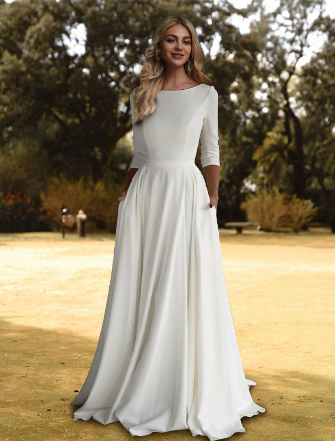 Hall Casual Fall Wedding Dresses A-Line Scoop Neck 3/4 Length Sleeve Sweep / Brush Train Stretch Fabric Bridal Gowns With Pleats Solid Color Summer Wedding Party