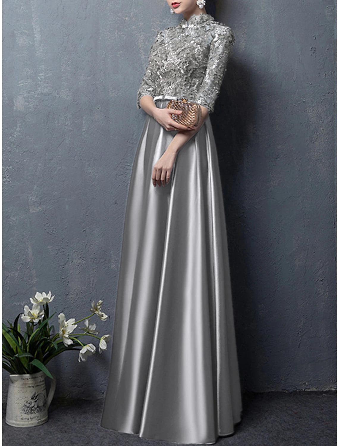 A-Line Mother of the Bride Dress Wedding Guest Vintage Elegant High Neck Floor Length Satin Half Sleeve with Bow(s) Appliques Fall