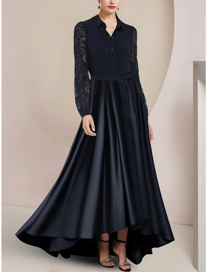 A-Line Mother of the Bride Dress Wedding Guest Party Elegant Shirt Collar Asymmetrical Floor Length Satin Long Sleeve with Lace Bow(s) Ruching