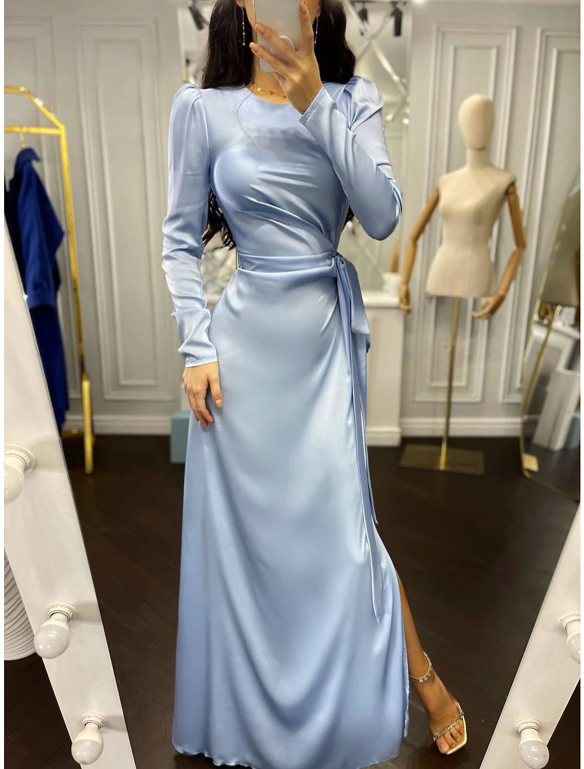 Sheath Party Dress Evening Gown Elegant Dress Wedding Guest Fall Floor Length Long Sleeve High Neck Bridesmaid Dress Satin with Ruched