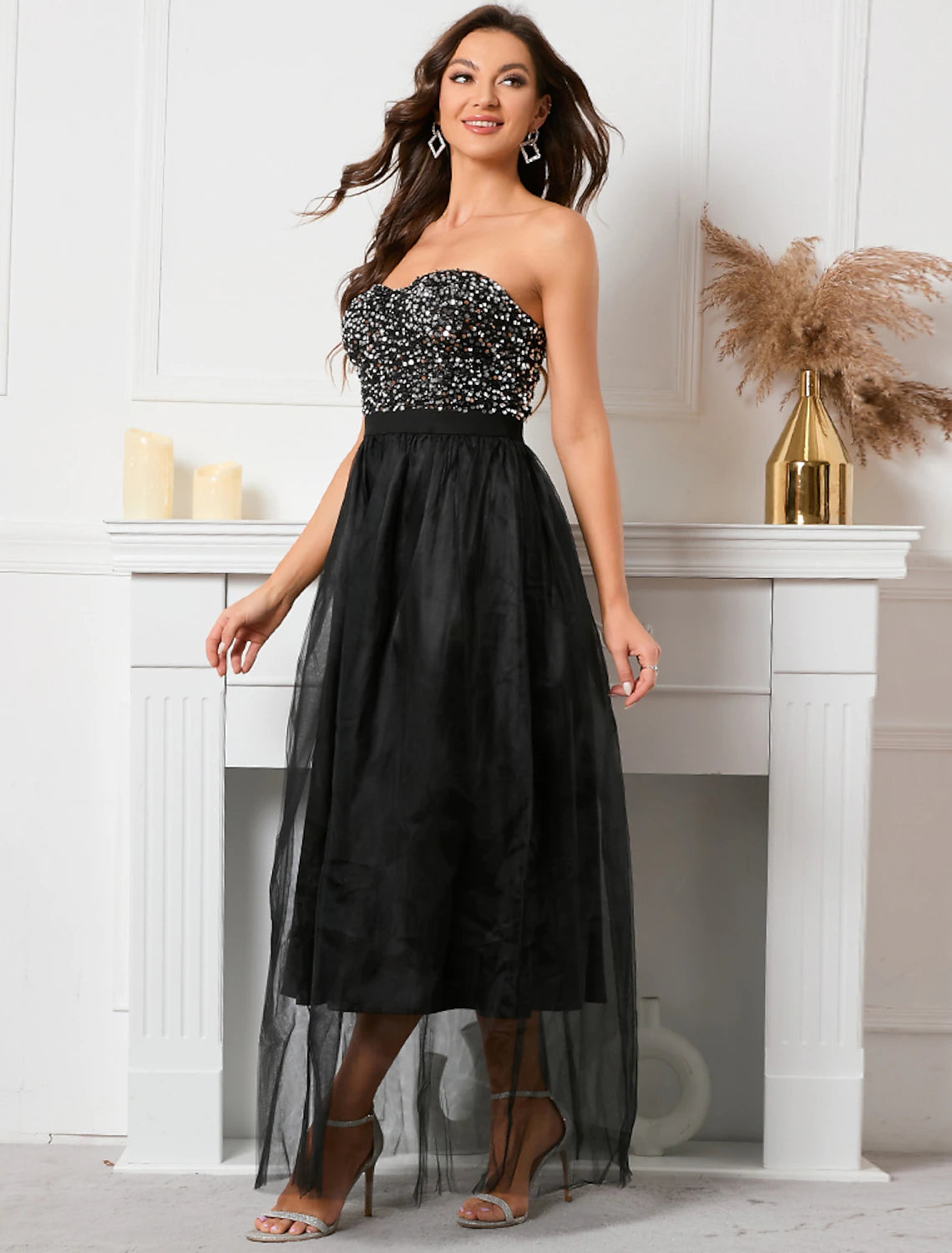 A-Line Party Dresses Vintage Dress Holiday Summer Floor Length Sleeveless Strapless Sequined with Sequin