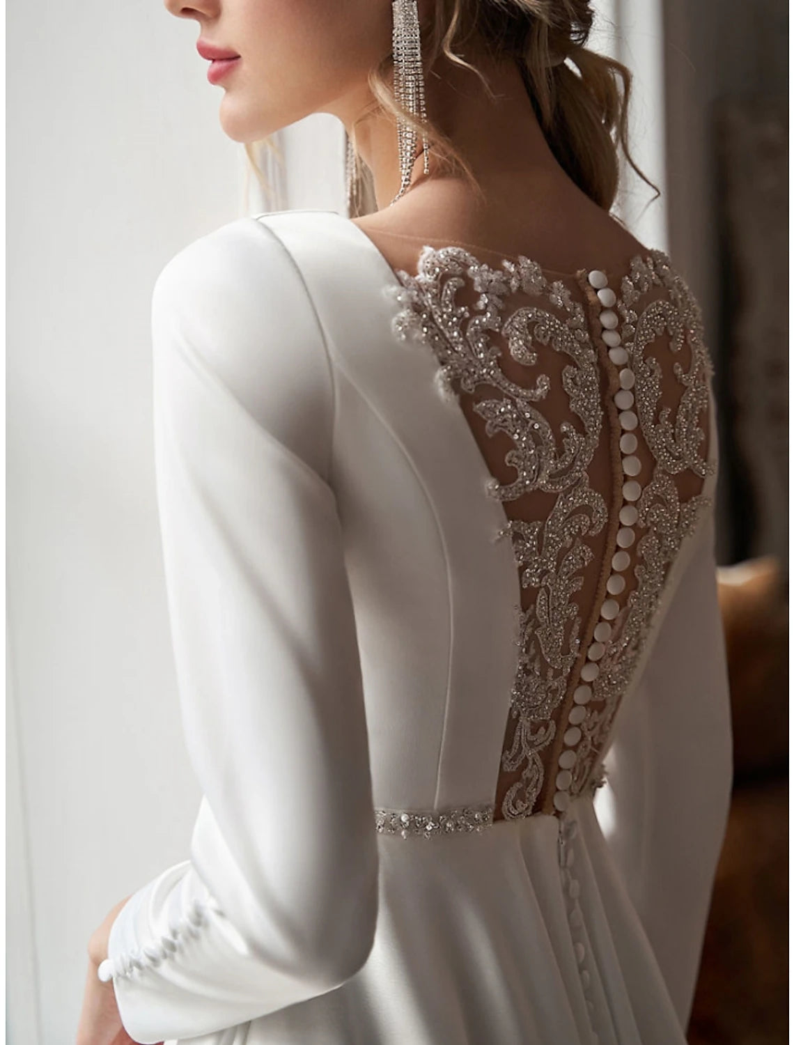 Simple Wedding Dresses Little White Dresses A-Line Scoop Neck Long Sleeve Knee Length Satin Bridal Gowns With Pleats Beading