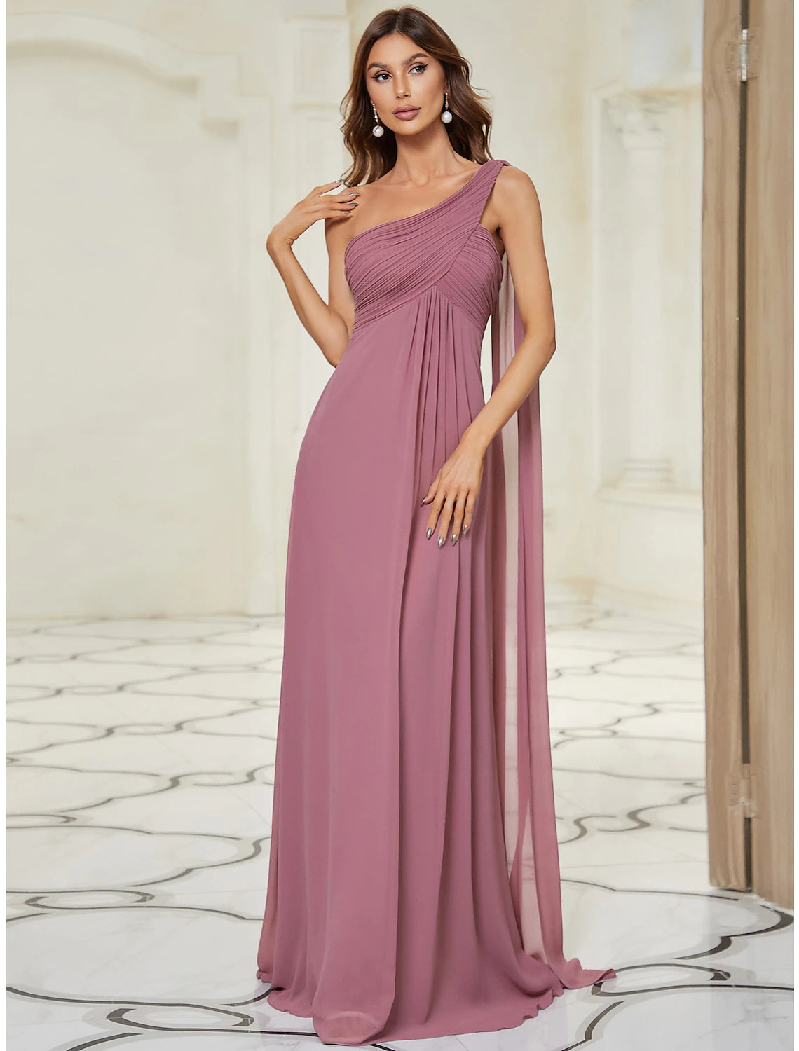 A-Line Evening Gown Empire Dress Formal Evening Floor Length Sleeveless One Shoulder Bridesmaid Dress Chiffon Backless with Pleats Draping
