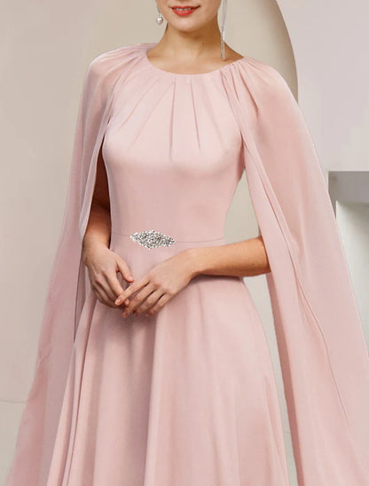 A-Line Mother of the Bride Dress Wedding Guest Party Elegant Scoop Neck Tea Length Chiffon Sleeveless with Pleats Crystal Brooch