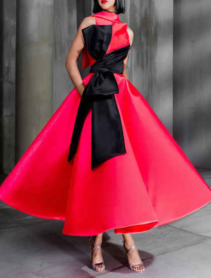 Ball Gown Color Block Celebrity Style Elegant Prom Formal Evening Birthday Dress Christmas Red Green Dress High Neck Sleeveless Ankle Length Satin with Bow(s)