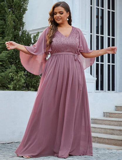 A-Line Mother of the Bride Dress Plus Size Elegant V Neck Floor Length Chiffon Tulle Half Sleeve with Sash / Ribbon