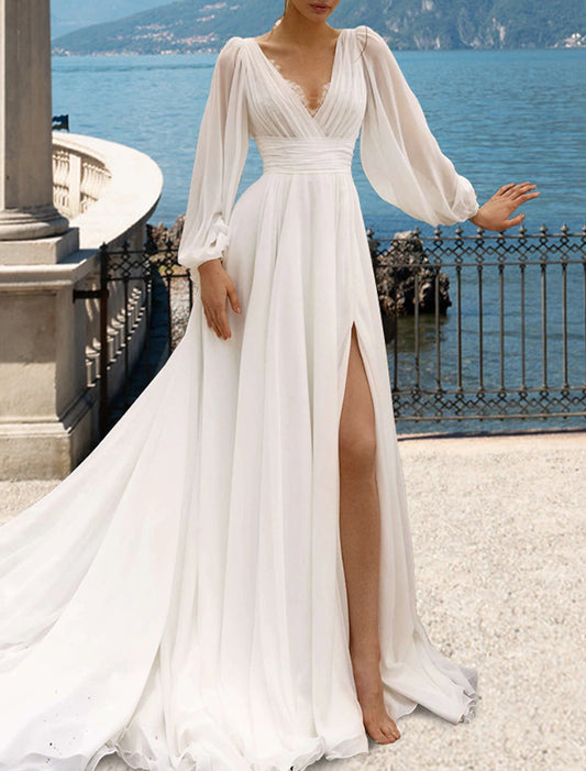 Beach Sexy Wedding Dresses A-Line V Neck Long Sleeve Court Train Chiffon Bridal Gowns With Pleats Split Front