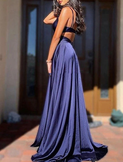A-Line Evening Gown Cut Out Dress Wedding Guest Graduation Sweep / Brush Train Sleeveless V Neck Satin with Slit Pure Color