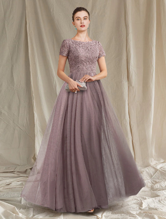 A-Line Mother of the Bride Dress Luxurious Elegant Jewel Neck Floor Length Lace Tulle Short Sleeve with Pleats Appliques