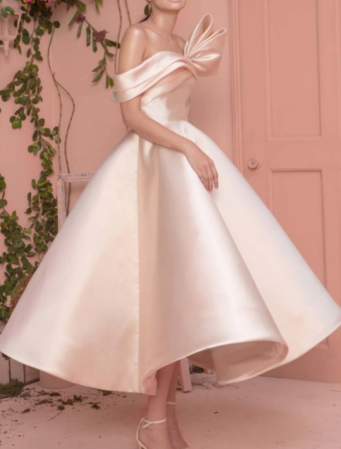 A-Line Minimalist Elegant Engagement Prom Valentine's Day Dress Off Shoulder Short Sleeve Ankle Length Satin with Sleek