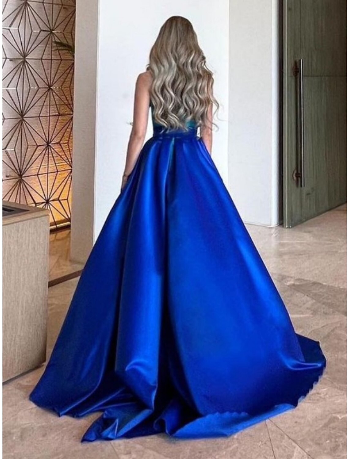 A-Line Evening Gown Elegant Dress Formal Court Train Sleeveless Halter Neck Satin with Pleats