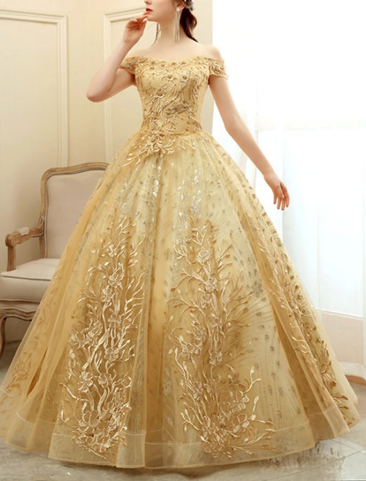 A-Line Prom Dresses Elegant Dress Formal Floor Length Short Sleeve Off Shoulder Tulle with Pearls Sequin Embroidery