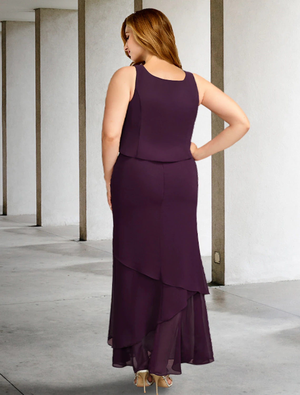 Two Piece A-Line Mother of the Bride Dresses Plus Size Hide Belly Curve Elegant Dress Formal Ankle Length Sleeveless Square Neck Chiffon with Beading Ruffles