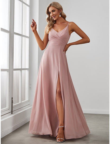 A-Line Bridesmaid Dress V Neck Sleeveless Elegant Floor Length Chiffon with Draping / Solid Color