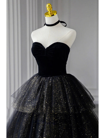 A-Line Prom Dresses Black Dress Dress Formal Birthday Floor Length Sleeveless Strapless Tulle with Ruched Sequin