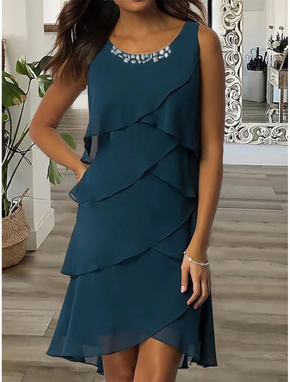 Wedding Guest Party Dress Chiffon Dress Semi Formal Dress Fashion Midi Dress Ruffle Layered Crew Neck Sleeveless Plain Loose Fit Dark Blue Summer Spring