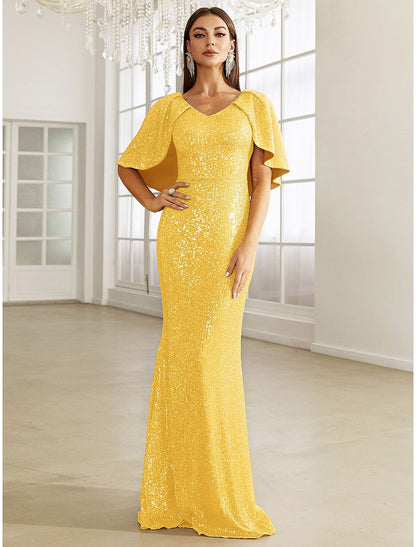 Mermaid / Trumpet Evening Gown Sparkle & Shine Dress Formal Fall Sweep / Brush Train Half Sleeve V Neck Sequined with Glitter