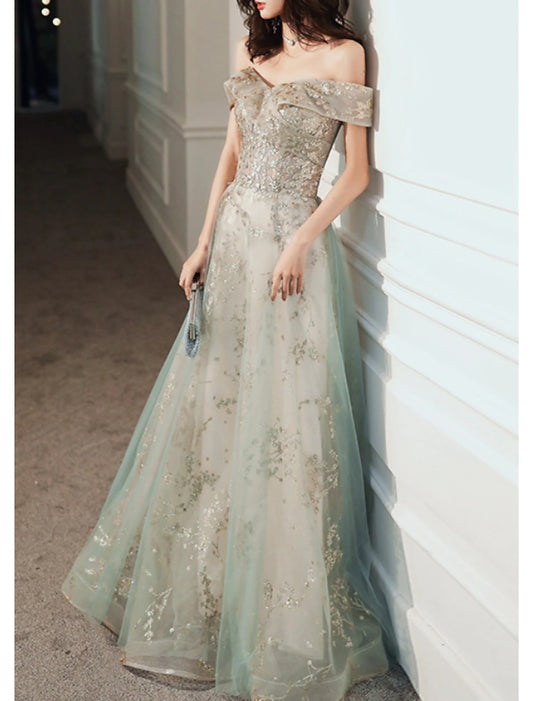 A-Line Glittering Elegant Engagement Formal Evening Dress Off Shoulder Short Sleeve Floor Length Tulle with Sequin