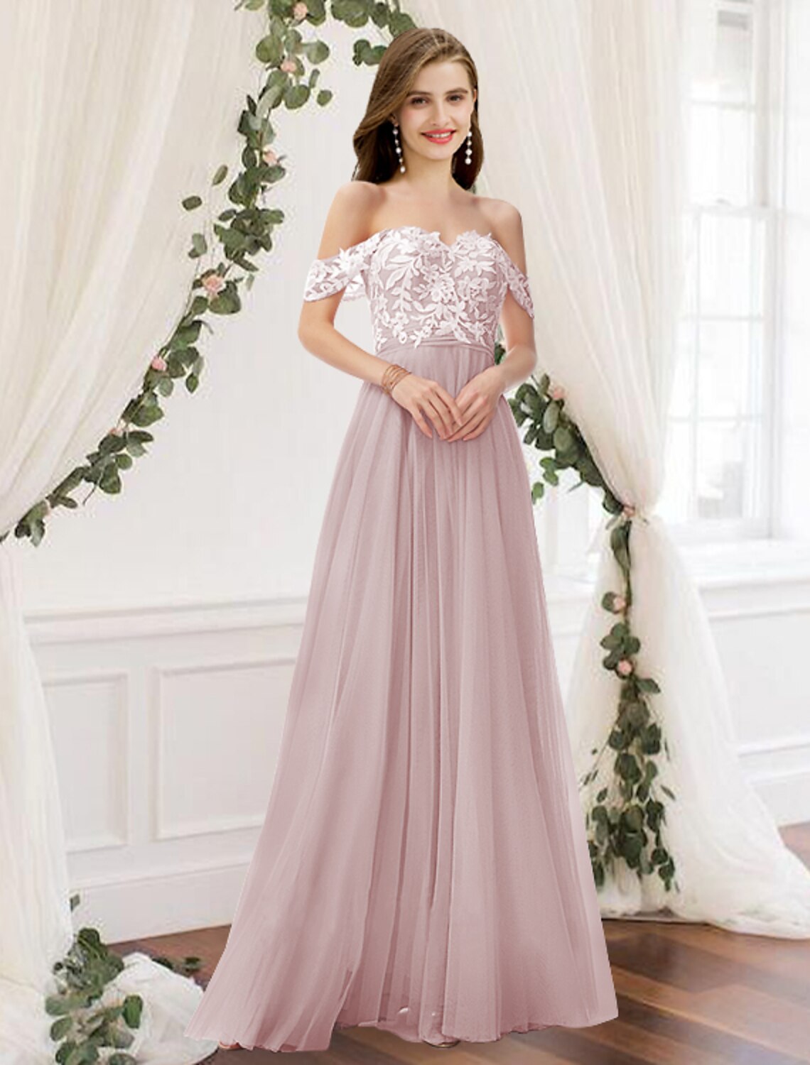 A-Line Bridesmaid Dress Off Shoulder Sleeveless Elegant Floor Length Chiffon / Lace with Pleats / Appliques