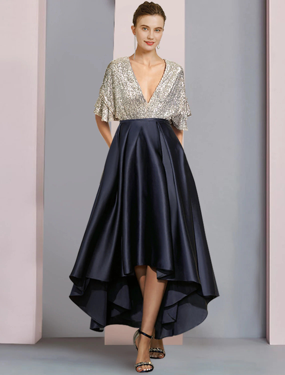 A-Line Mother of the Bride Dress Wedding Guest Elegant Sparkle & Shine High Low V Neck Asymmetrical Tea Length Satin Sequined Short Sleeve with Pleats