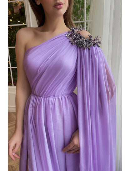 A-Line Evening Gown Elegant Dress Formal Wedding Guest Sweep / Brush Train Sleeveless One Shoulder Capes Chiffon with Slit Shawl