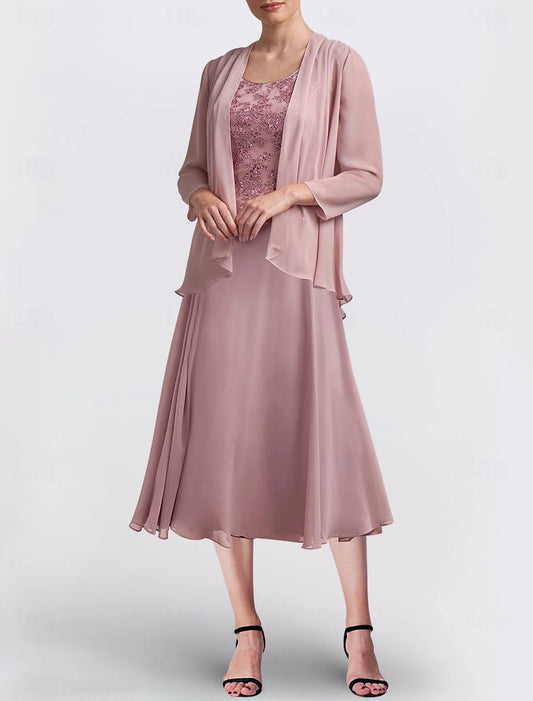 Two Piece A-Line Mother of the Bride Dress Formal Wedding Guest Elegant Scoop Neck Tea Length Chiffon Long Sleeve with Lace Beading Sequin