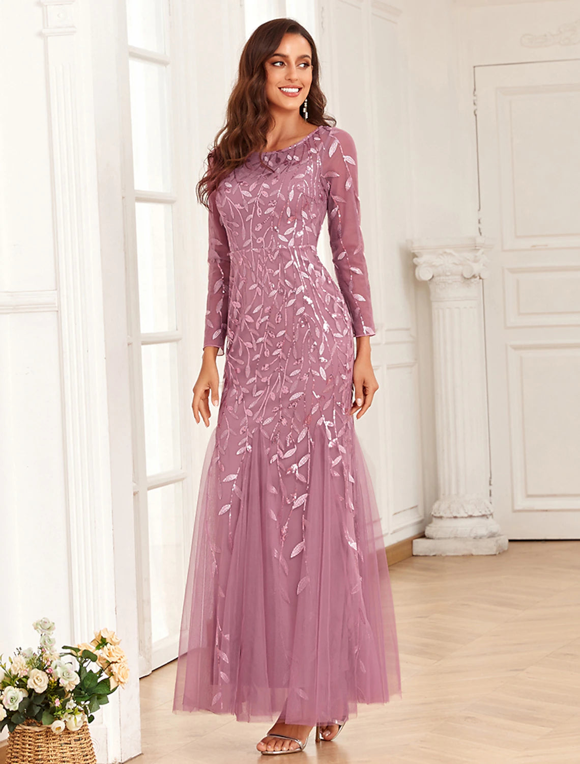 Mermaid / Trumpet Evening Gown Elegant Dress Prom Wedding Party Floor Length Long Sleeve Jewel Neck Tulle with Embroidery