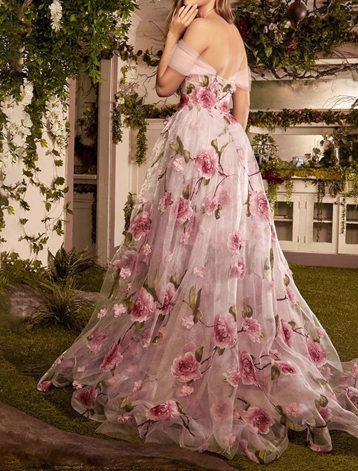 A-Line Prom Dresses Floral Dress Formal Wedding Guest Sweep / Brush Train Sleeveless Off Shoulder Lace with Floral Print