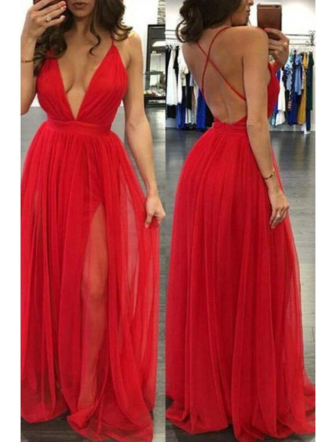 A-Line Prom Dresses Open Back Dress Formal Wedding Guest Floor Length Sleeveless V Neck Chiffon Backless with Pleats Slit