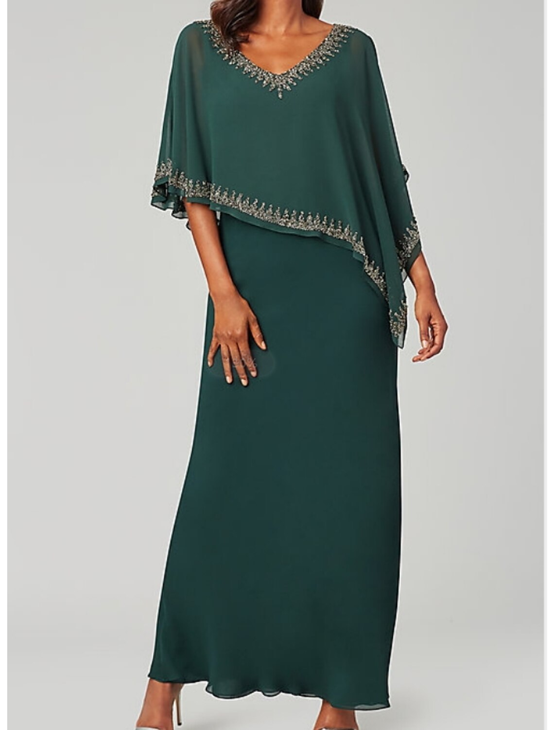 Sheath / Column Mother of the Bride Dress Plus Size Elegant V Neck Floor Length Chiffon Half Sleeve with Lace