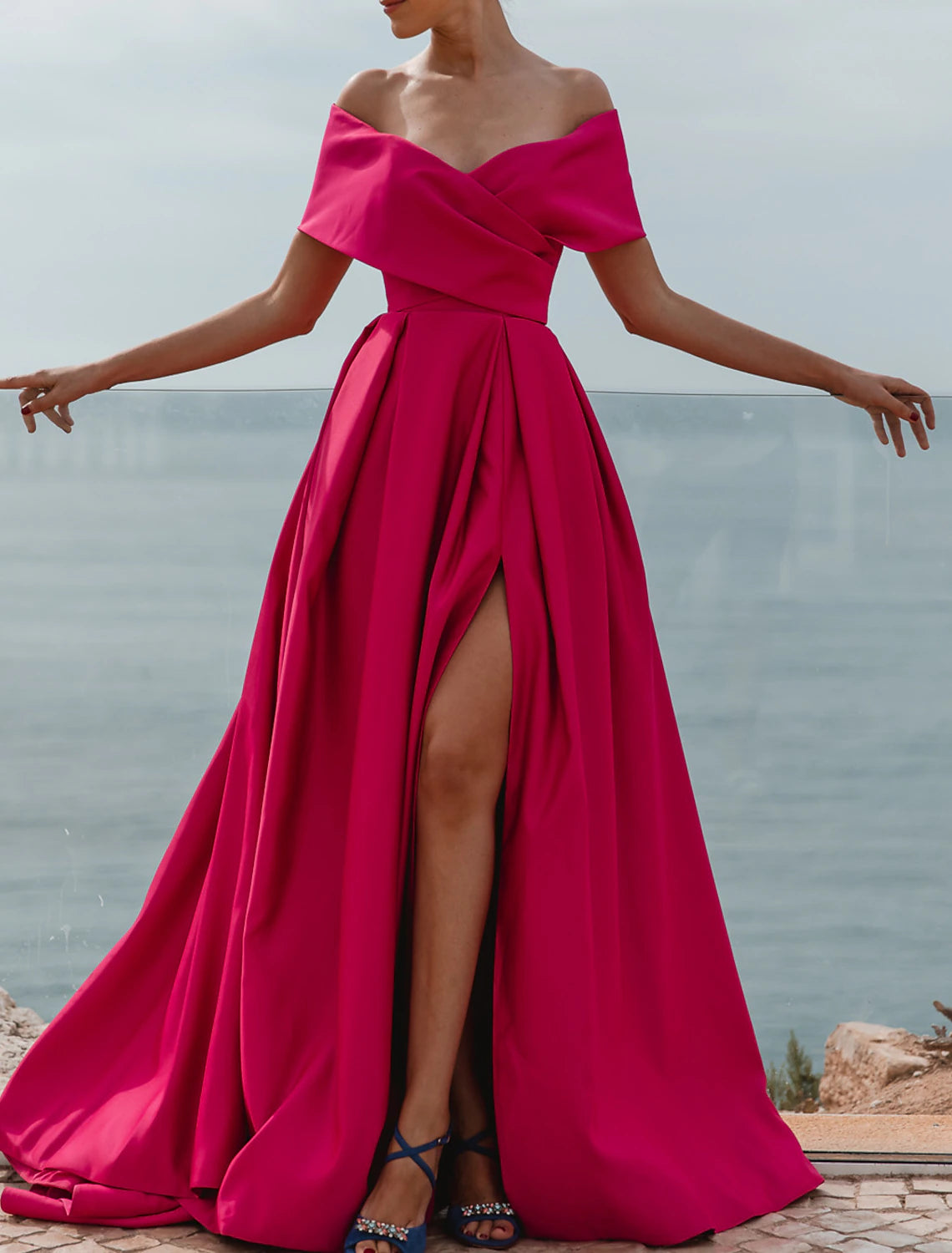 A-Line Evening Gown Party Dress Celebrity Style Dress Formal Wedding Guest Floor Length Sleeveless Off Shoulder Dress Satin with Ruched Slit