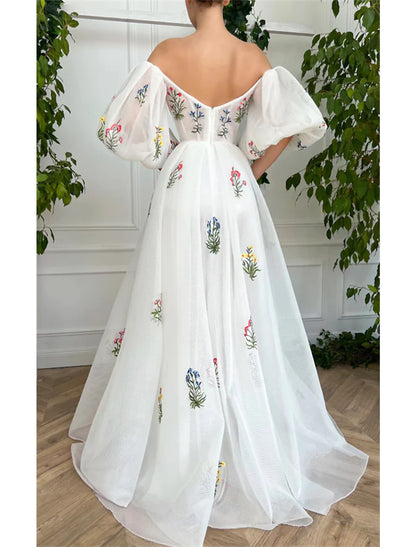 A-Line Prom Dresses Floral Dress Wedding Party Birthday Sweep / Brush Train Short Sleeve Off Shoulder Organza Backless with Slit