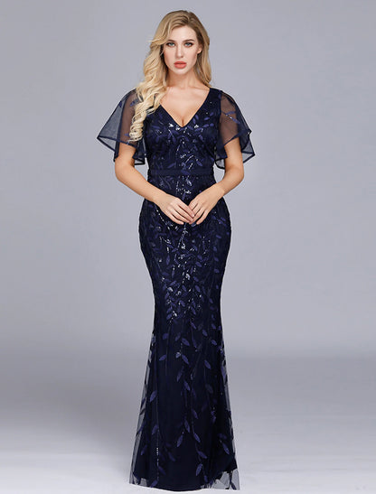 Mermaid / Trumpet Evening Gown Empire Dress Party Wear Floor Length Short Sleeve Jewel Neck Tulle with Ruffles Embroidery