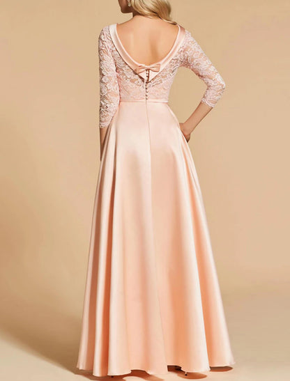 A-Line Evening Gown Open Back Dress Formal Wedding Guest Floor Length 3/4 Length Sleeve Jewel Neck Satin with Bow(s) Buttons Shouder Flower