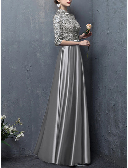 A-Line Mother of the Bride Dress Wedding Guest Vintage Elegant High Neck Floor Length Satin Half Sleeve with Bow(s) Appliques Fall