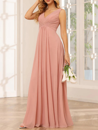 A-Line Bridesmaid Dress V Neck Sleeveless Pink Floor Length Chiffon with Split Front / Ruching